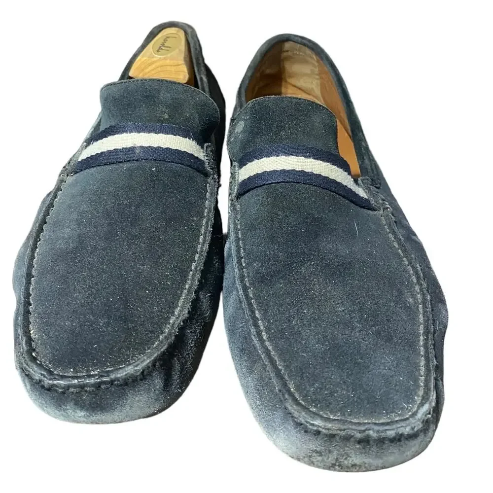 BALLY black suede square toe loafers with white band - Men's‎ Size 10